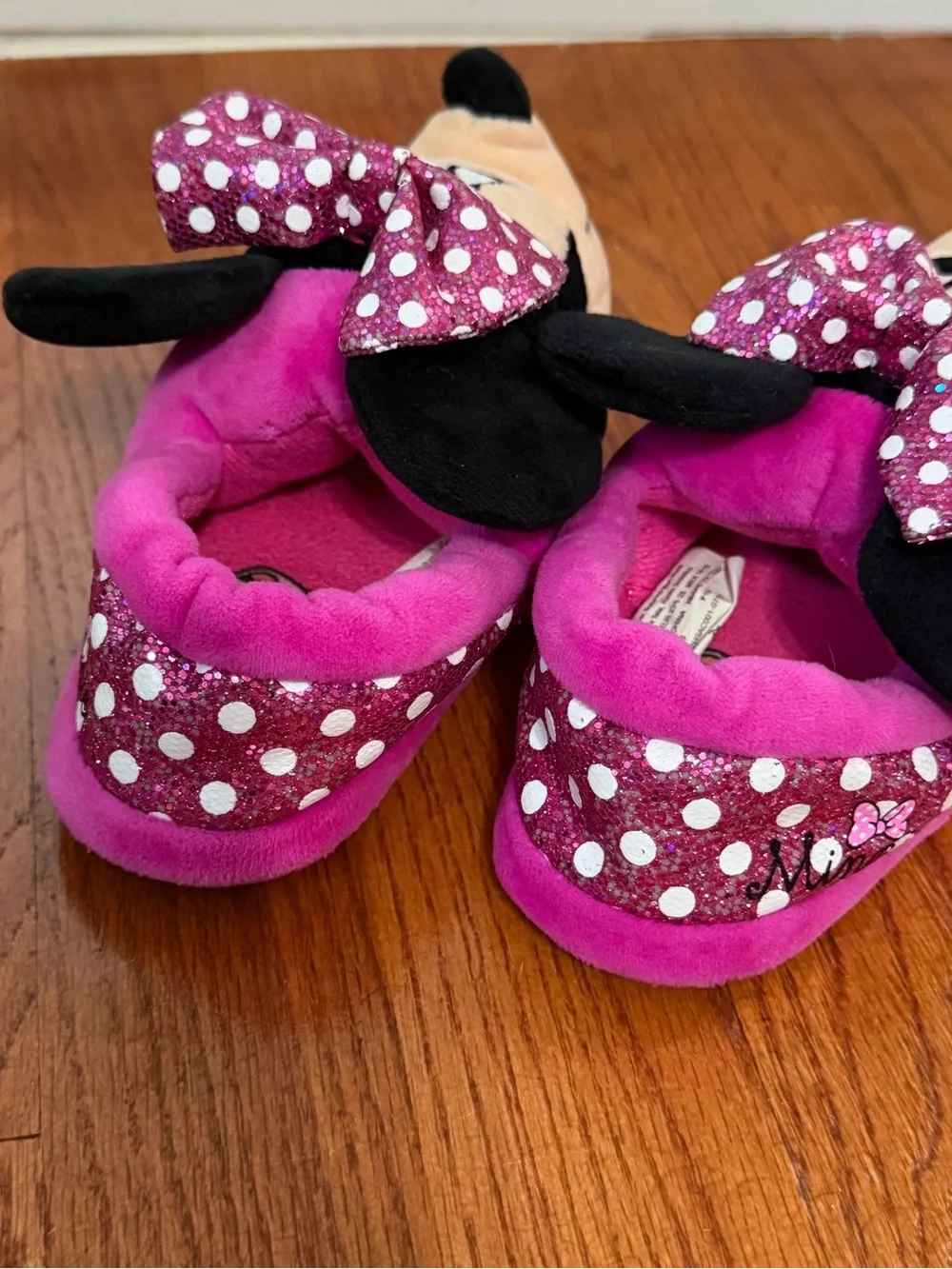 Disney Minnie Mouse Pink Black Plush Kids Slippers